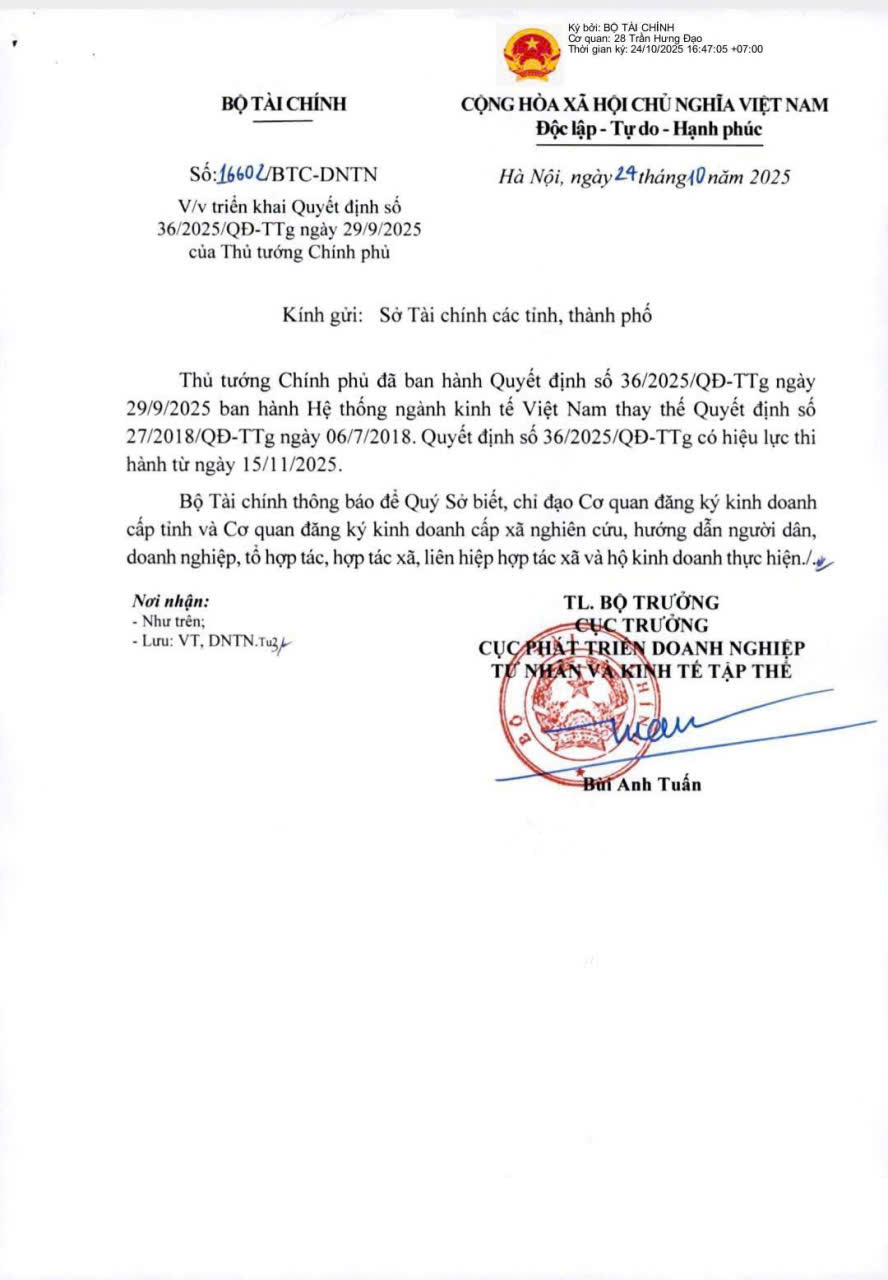 CÔNG VĂN THAY ĐỔI HỆ THỐNG NGÀNH NGHỀ KINH TẾ VIỆT NAM