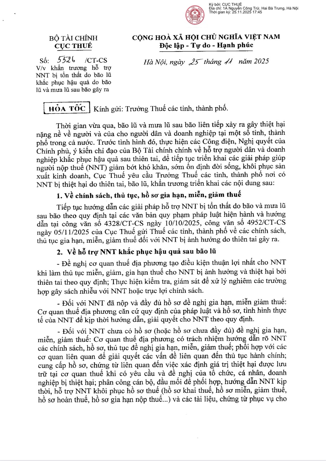 Cục Thuế hỗ trợ Người nộp thuế bị tổn thất do bão lũ