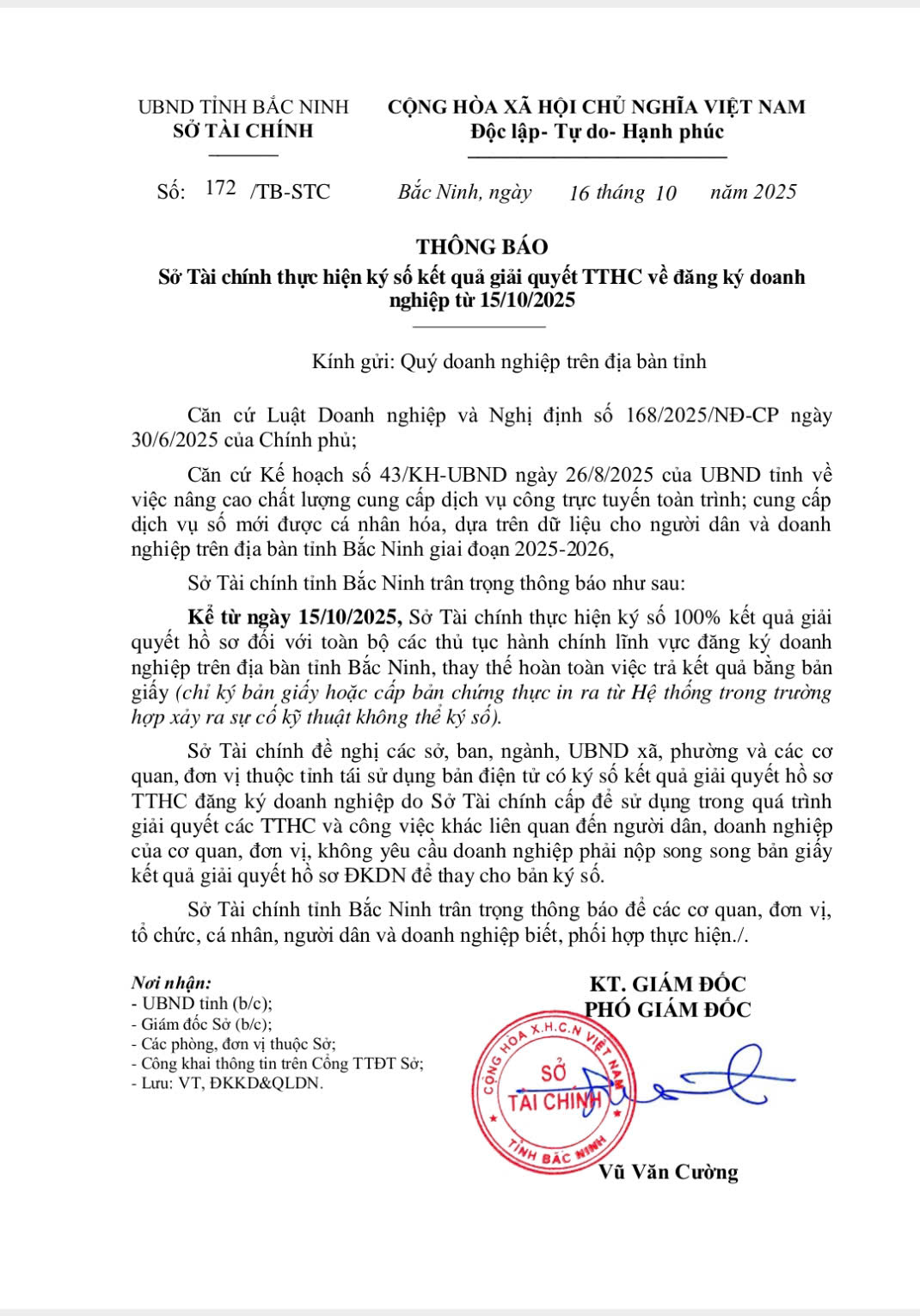 SỞ TÀI CHÍNH TỈNH BẮC NINH ÁP DỤNG TRẢ KẾT QUẢ ĐĂNG KÝ DOANH NGHIỆP BẰNG BẢN KÝ ĐIỆN TỬ