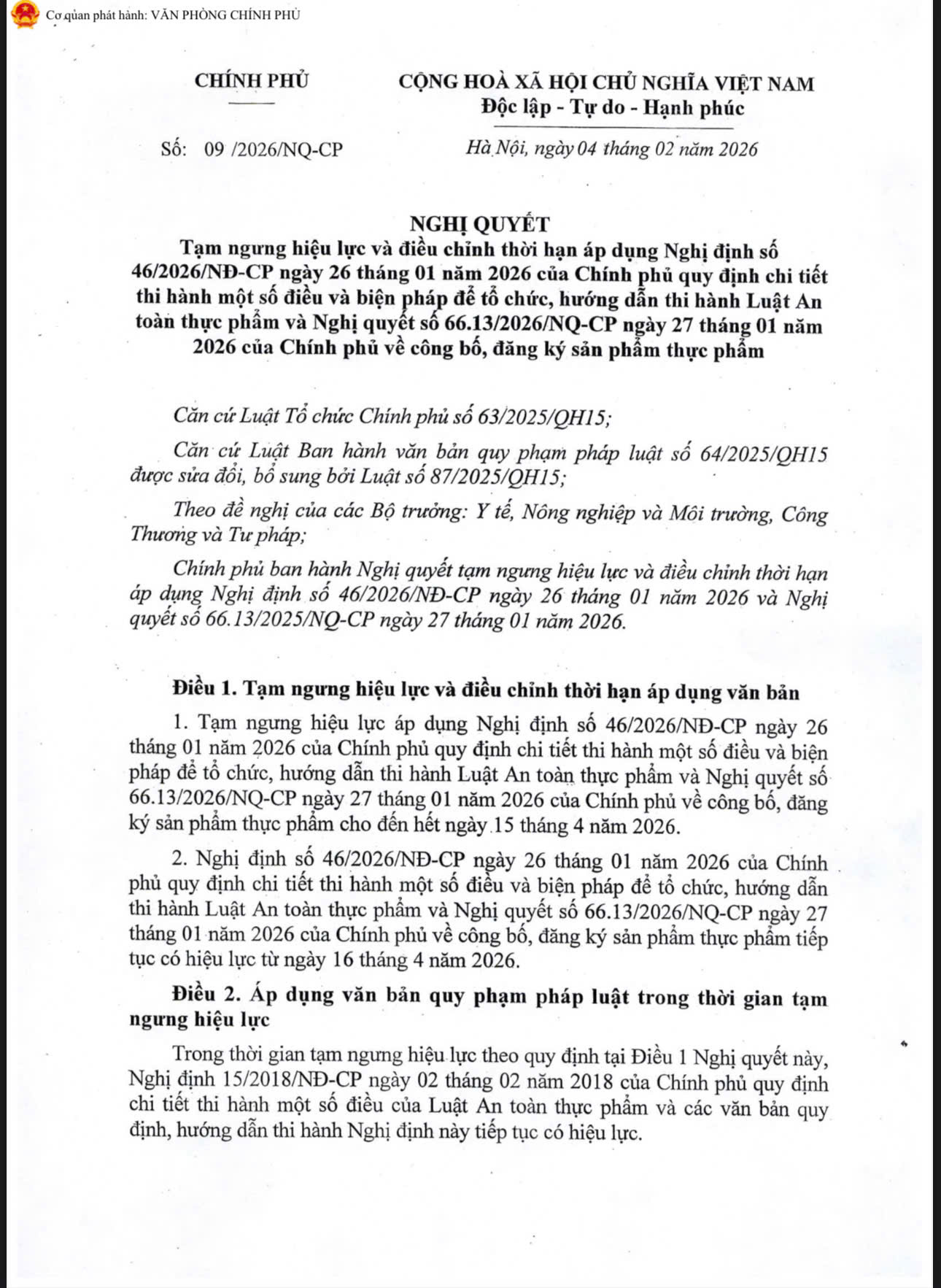 Tạm dừng áp dụng Nghị định số 46 về an toàn thực phẩm đến hết ngày 15/4/2026