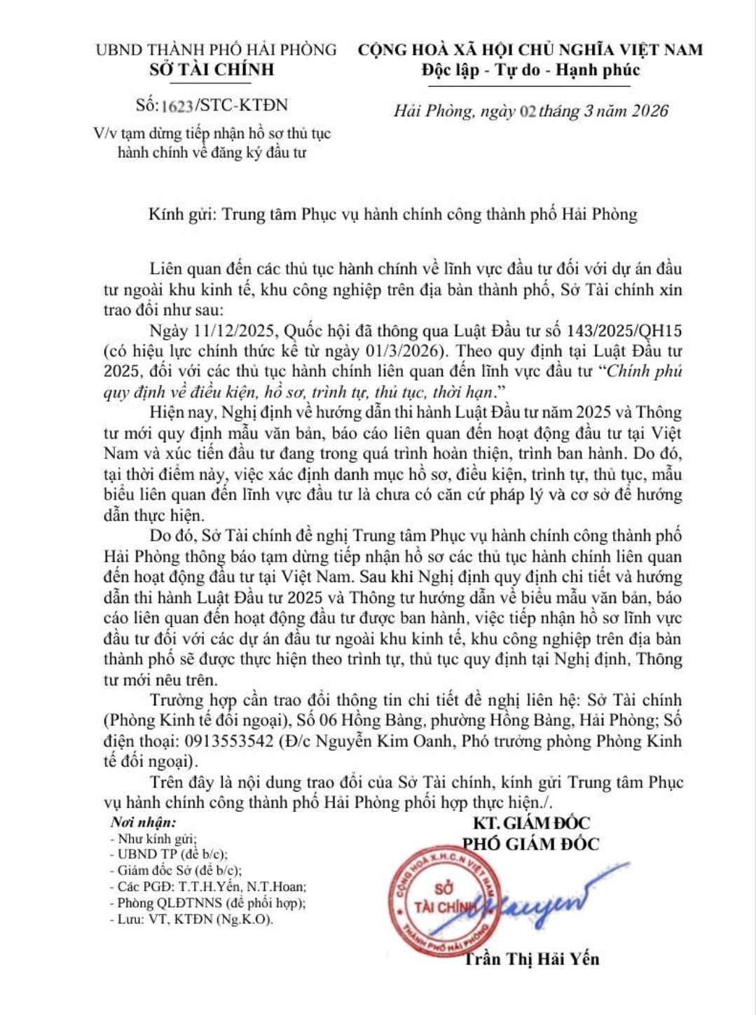 TẠM NGƯNG NHẬN HỒ SƠ LIÊN QUAN ĐẾN PHÁP LÝ ĐẦU TƯ