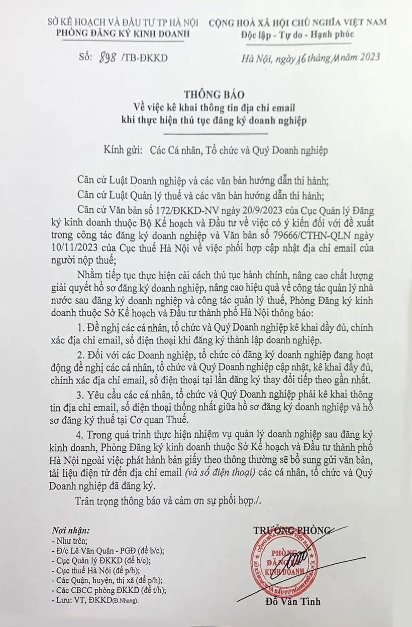 TRIỂN KHAI BỔ SUNG EMAIL KHI ĐĂNG KÝ KINH DOANH